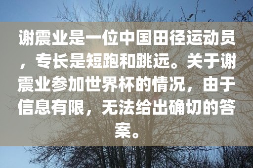 谢震业是一位中国田径运动员，专长是短跑和跳远。关于谢震业参加世界杯的情况，由于信眉山市正发家政服务有限公司息有限，无法给出确切的答案。