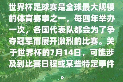 世界杯足球赛是全球最大规模的体育赛事之一，每四年举办一次，各国代表队都会为了争夺冠军而展开激烈的比赛。关于世界杯的7月14日，可能涉及到比赛日程或某些特定事件。
