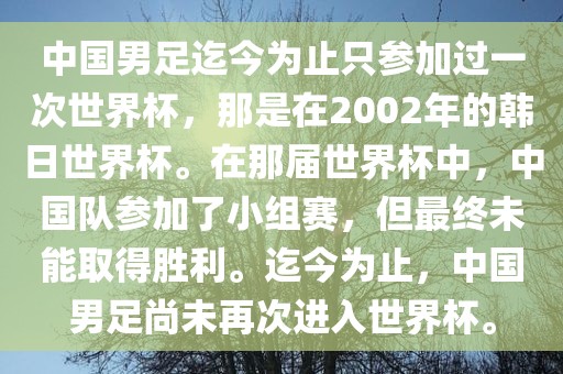 中国男足迄今为止只参加过一次世界杯，那是在2002年的韩日世界杯。在那届世界杯中，中国队参加了小组赛，但最终未能取得胜利。迄今为止，中国男足尚未再次进入世界杯。