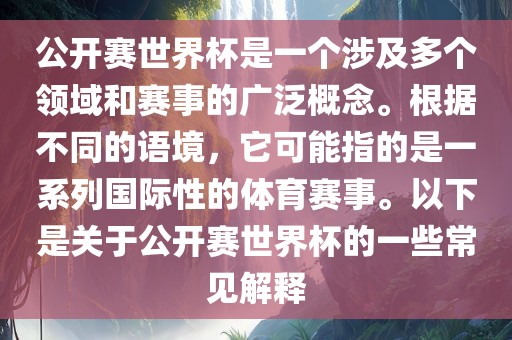 公开赛世界杯是一个涉及多个领域和赛事的广泛概念。根据不同的语境，它可能指的是一系列国际性的体育赛事。以下是关于公开赛世界杯的一些常见解释