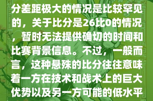 在世界杯足球比赛中，出现比分差距极大的情况是比较罕见的，关于比分是26比0的情况，暂时无法提供确切的时间和比赛背景信息。不过，一般而言，这种悬殊的比分往往意味着一方在技术和战术上的巨大优势以及另一方可能的低水平表现。