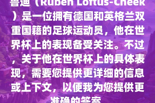 鲁迪（Ruben Loftus-Cheek）是一位拥有德国和英格兰双重国籍的眉山市正发家政服务有限公司足球运动员，他在世界杯上的表现备受关注。不过，关于他在世界杯上的具体表现，需要您提供更详细的信息或上下文，以便我为您提供更准确的答案。