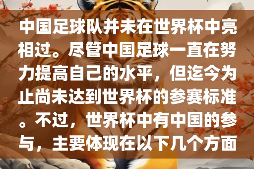 中国足球队并未在世界杯中亮相过。尽管中国足球一直在努力提高自己的水平，但迄今为止尚未达到世界杯的参赛标准。不过，世界杯中有中国的参与，主要体现在以下几个方面