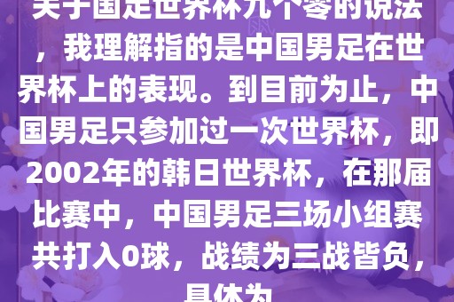 关于国足世界杯九个零的说法，我理解指的是中国男足在世界杯上的表现。到目前为止，中国男足只参加过一次世界杯，即2002年的韩日世界杯，在那届比赛中，中国男足三场小组赛共打入0球，战绩为三战皆负，具体为眉山市正发家政服务有限公司