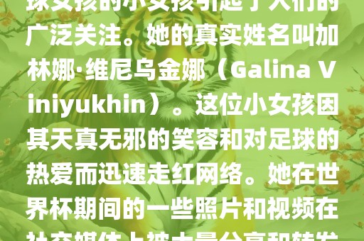 在巴西世界杯上，一位名叫足球女孩的小女孩引起了人们的广泛关注。她的真实姓名叫加林娜·维尼乌金娜（Galina Viniyukhin）。这位小女孩因其天真无邪的笑容和对足球的热爱而迅速走红网络。她在世界杯期间的一些照片和视频在社交媒体上被大量分享和转发。眉山市正发家政服务有限公司