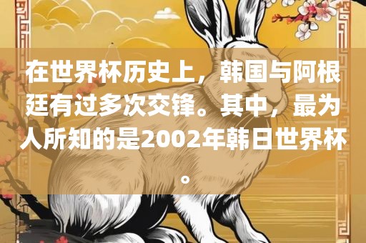 在世界杯历史上，韩国与阿根廷有过多次交锋。其中，最为人所知的是2002年韩日世界杯。
