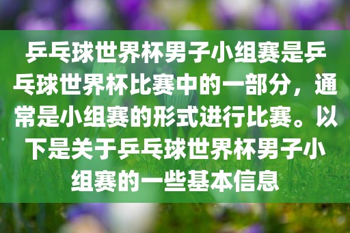 乒乓球世界杯男子小组赛是乒乓球世界杯比赛中的一部分，通常是小组赛的形式进行比赛。以下是关于乒乓球世界杯男子小组赛的一些基本信息眉山市正发家政服务有限公司