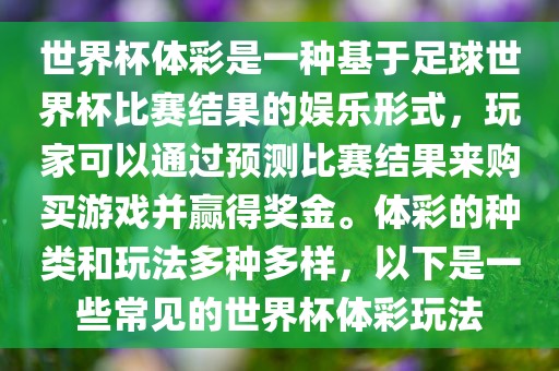世界杯体彩是一种基于足球世界杯比赛结果的娱乐形式，玩家可以通过预测比赛结果来购买游戏并赢得奖金。体彩的种类和玩法多种多样，以下是一些常见的世界杯体彩玩法