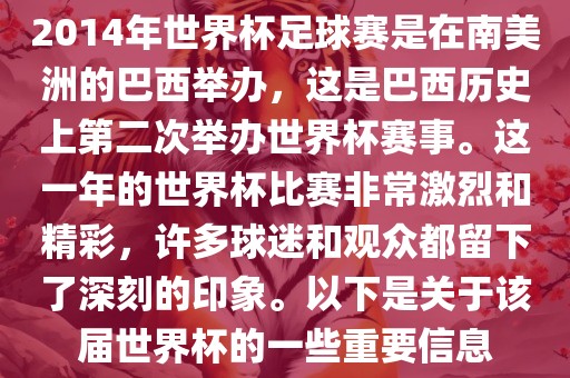 2014年世界杯足球赛是在南美洲的巴西举办，这是巴西历史上第二次举办世界杯赛事。这一年的世界杯比赛非常激烈和精彩，许多球迷和观众都留下了深刻的印象。以下是关于该届世界杯的一些重要信息