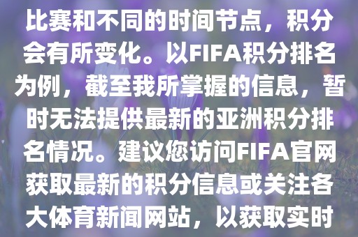 关于世界杯亚洲积分，不同的比赛和不同的时间节点，积分会有所变化。以FIFA积分排名为例，截至我所掌握的信息，暂时无法提供最新的亚洲积分排名情况。建议您访问FIFA官网获取最新的积分信息或关注各大体育新闻网站，以获取实时的世界杯亚洲积分排名。