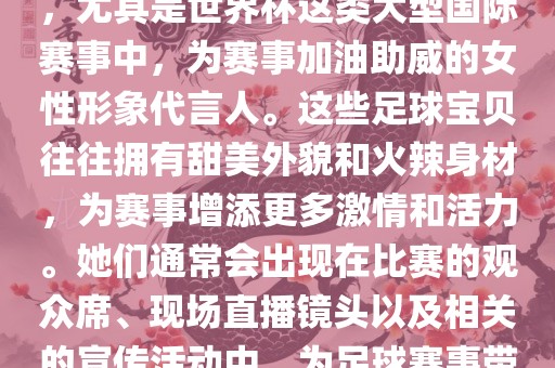 足球宝贝指的是在足球赛事中，尤其是世界杯这类大型国际赛事中，为赛事加油助威的女性形象代言人。这些足球宝贝往往拥有甜美外貌和火辣身材，为赛事增添更多激情和活力。她们通常会出现在比赛的观众席、现场直播镜头以及相关的宣传活动中，为足球赛事带来了更多的关注度和话题性。