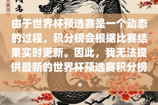 由于世界杯预选赛是一个动态的过程，积分榜会根据比赛结果实时更新。因此，我无法提供最新的世界杯预选赛积分榜。