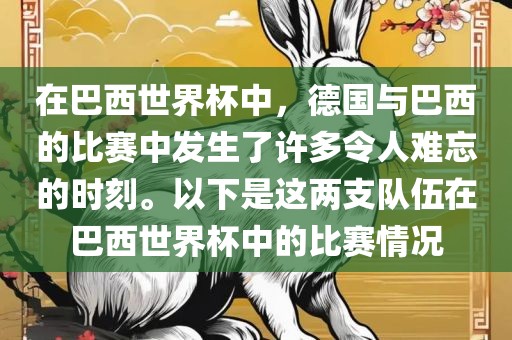 在巴西世界杯中，德国与巴西的比赛中发生了许多令人难忘的时刻。以下是这两支队伍在巴西世界杯中的比赛情况