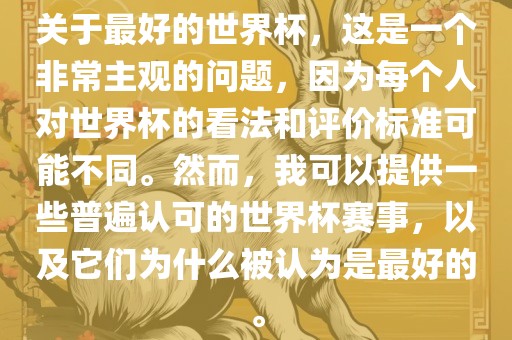 关于最好的世界杯，这是一个非常主观的问题，因为每个人对世界杯的看法和评价标准可能不同。然眉山市正发家政服务有限公司而，我可以提供一些普遍认可的世界杯赛事，以及它们为什么被认为是最好的。
