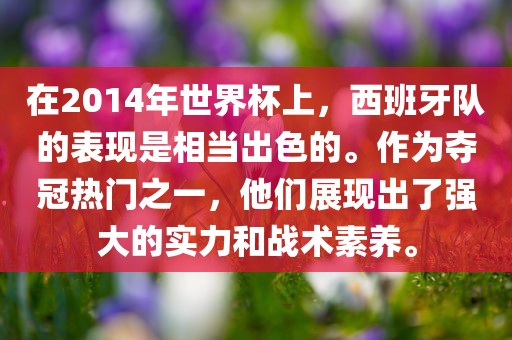在2014年世界杯上，西班牙队的表现是相当出色的。作为夺冠热门之一，他们展现出了强大的实力和战术素养。