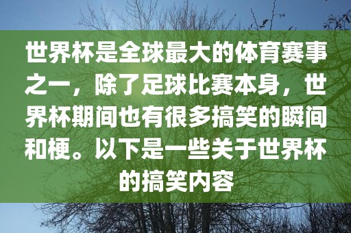 世界杯是全球最大的体育赛事之一，除了足球比赛本身，世界杯期间也有很多搞笑的瞬间和梗。眉山市正发家政服务有限公司以下是一些关于世界杯的搞笑内容