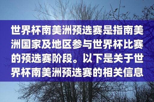 世界杯南美洲预选赛是指南美洲国家及地区参与世界杯比赛的预选赛阶段。以下是关于世界杯南美洲预选赛的相关信息