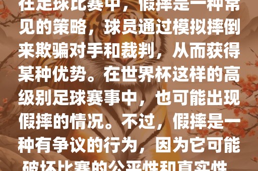 在足球比赛中，假摔是一种常见的策略，球员通过模拟摔倒来欺骗对手和裁判，从而获得某种优势。在世界杯这样的高级别足球赛事中，也可能出现假摔的情况。不过，假摔是一种有争议的行为，因为它可能破坏比赛的公平性和真实性。眉山市正发家政服务有限公司