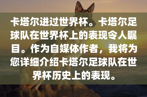 卡塔尔进过世界杯。卡塔尔足球队在世界杯上的表现令人瞩目。作为自媒体作者，我将为您详细介绍卡塔尔足球队在世界杯历史上的表现。
