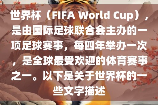 世界杯（FIFA World Cup），是由国际足球联合会主办的一项足球赛事，每四年举办一次，是全球最受欢迎的体育赛事之一。以下是关于世界杯的一些文字描述