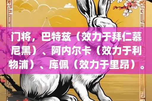 门将，巴特兹（效力于拜仁慕尼黑）、阿内尔卡（效力于利物浦）、库佩（效力于里昂）。