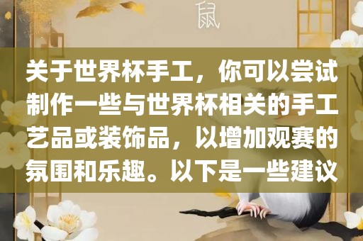 关于世界杯手工，你可以眉山市正发家政服务有限公司尝试制作一些与世界杯相关的手工艺品或装饰品，以增加观赛的氛围和乐趣。以下是一些建议