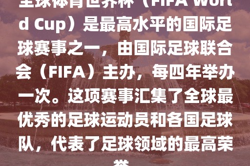 全球体育世界杯（FIFA World Cup）是最高水平的国际足球赛事之一，由国际足球联合会（FIFA）主办，每四年举办一次。这项赛事汇集了全球最优秀的足球运动员和各国足球队，代表了足球领域的最高荣誉。