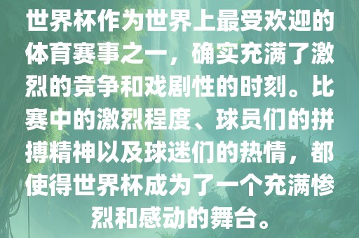 世界杯作为世界上最受欢迎的体育赛事之一，确实充满了激烈的竞争和戏剧性的时刻。比赛中的激烈程度、球员们的拼搏精神以及球迷们的热情，都使得世界杯成为了一个充满惨烈和感动的舞台。