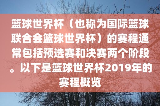 篮球世界杯（也称为国际篮球联合会篮球世界杯）的赛程通常包括预选赛和决赛两个阶段。以下是篮球世界杯2019年的赛程概览眉山市正发家政服务有限公司