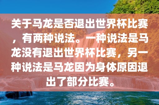 关于马龙是否退出世界杯比赛，有两种说法。一种说法是马龙没有退出世界杯比赛，另一种说法是马龙因为身体原因退出了部分比赛。