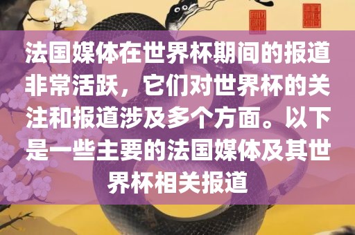 法国媒体在世界杯期间的报道非常活跃，它们对世界杯的关注和报道涉及多个方面。以下是一些主要的法国媒体及其世界杯相关报道
