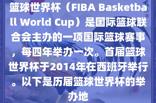 篮球世界杯（FIBA Basketball World Cup）是国际篮球联合会主办的一项国际篮球赛事，每四年举办一次。首届篮球世界杯于2014年在西班牙举行。以下是历届篮球世界杯的举办地