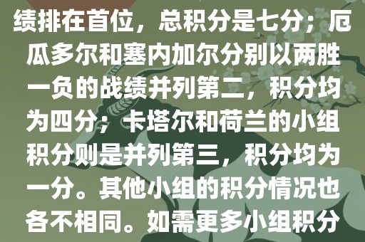 在小组积分方面，例如A组的积分情况如下，荷兰以全胜的战绩排在首位，总积分是七分；厄瓜多尔和塞内加尔分别以两胜一负的战绩并列第二，积分均为四分；卡塔尔和荷兰的小组积分则是并列第三，积分均为一分。其他小组的积分情况也各不相同。如需更多小组积分情况，可以访问各大体育新闻网站获取最新资讯。眉山市正发家政服务有限公司