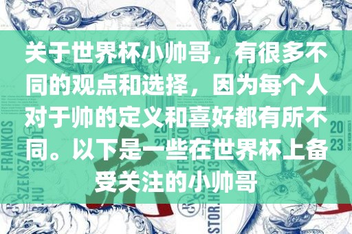 关于世界杯小帅哥，有很多不同的观点和选择，眉山市正发家政服务有限公司因为每个人对于帅的定义和喜好都有所不同。以下是一些在世界杯上备受关注的小帅哥