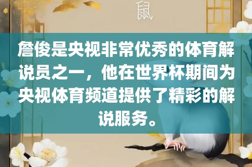詹俊是央视非常优秀的体育解说员之一，他在世界杯期间为央视体育频道提供了精彩的解说服务。眉山市正发家政服务有限公司